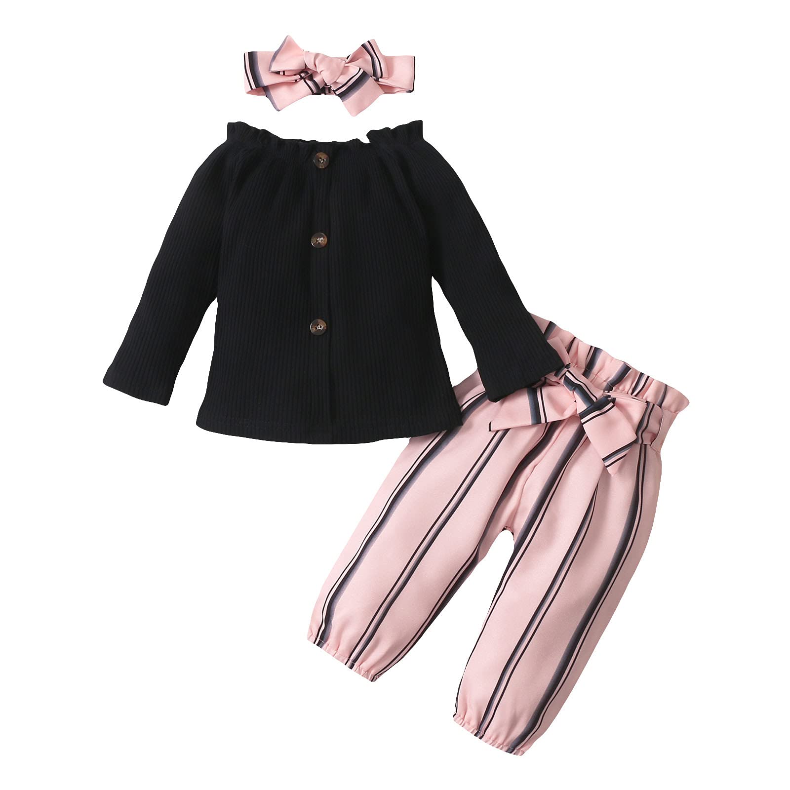 Baby Girl Outfits - Solid Color Long Sleeve Button-Up Tops & Striped Printed Pants with Headband Set | Cute Toddler Clothes for Everyday Wear, Photo Shoots & Special Occasions