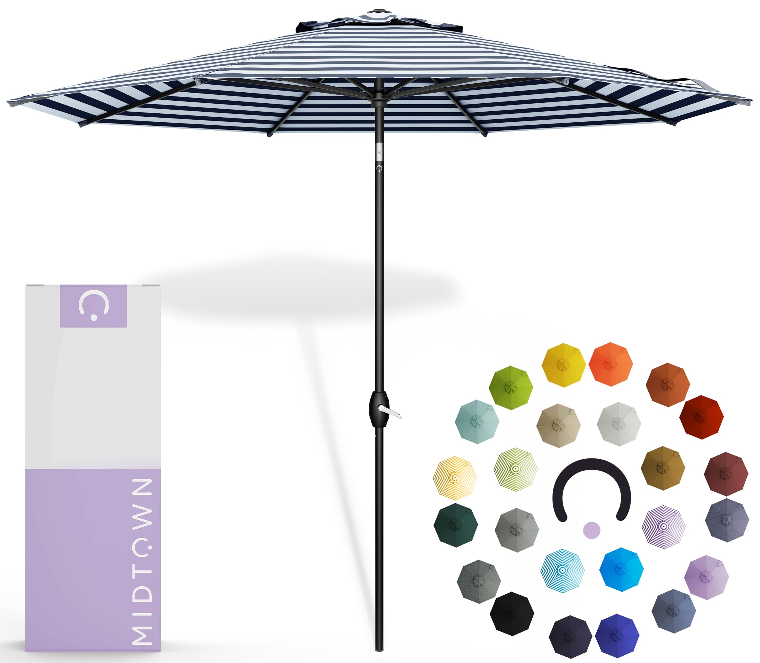 The Lean 9-Foot Outdoor Patio Umbrella with Terylast Navy/White Stripes - Auto-Tilt Aluminum Frame & Durable Polyester Fabric - Perfect for Deck, Garden, Poolside, and Outdoor Dining Areas - Black Pole