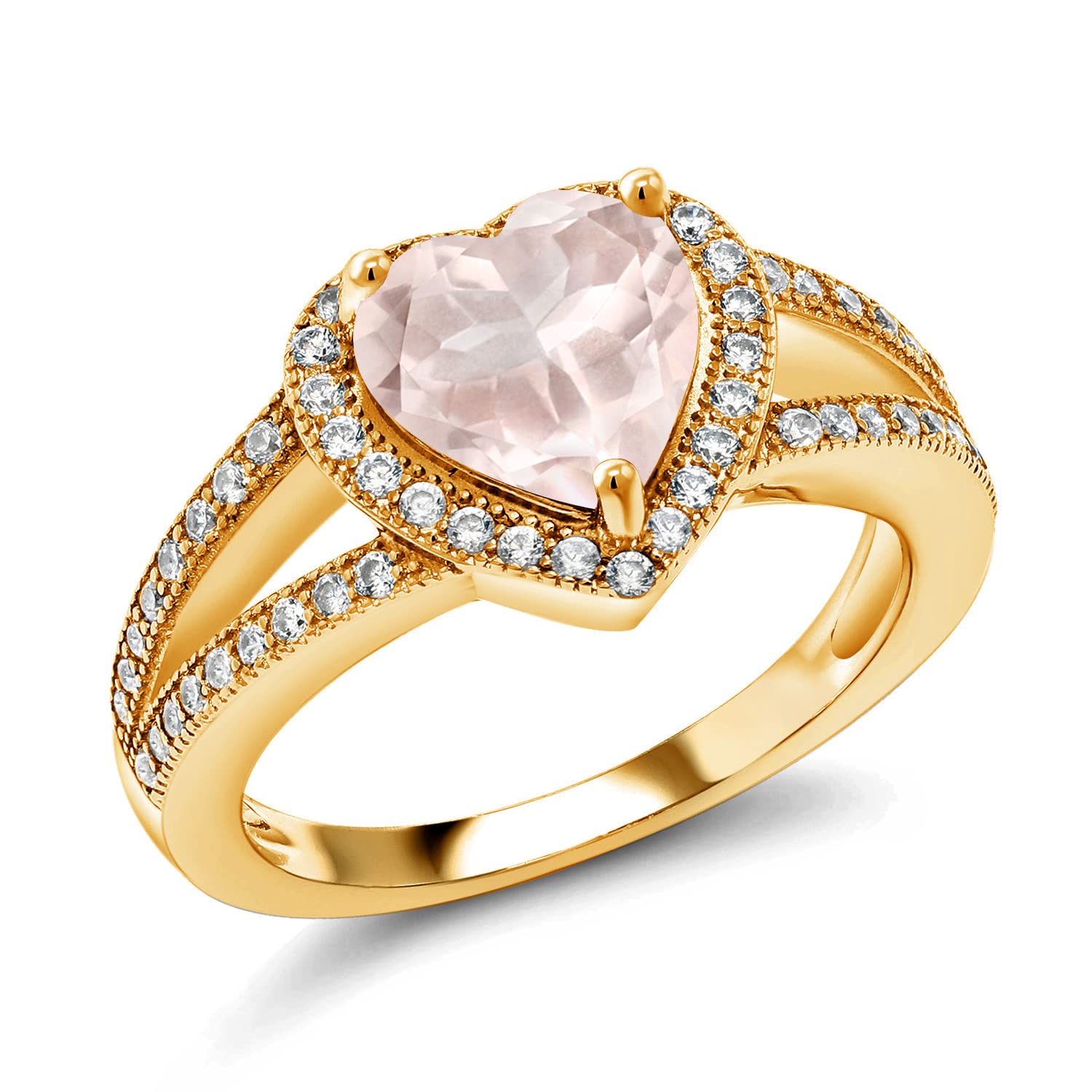 2.47 Ct Heart-Shaped Rose Quartz & Moissanite 18K Gold Plated Silver Ring for Women - Valentine's Gift, Anniversary Jewelry, Romantic Proposal, Wedding Band, Everyday Elegance