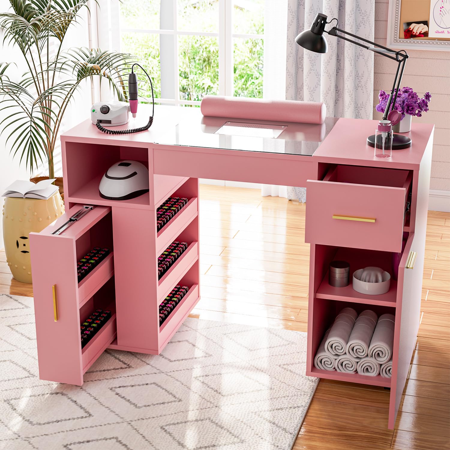 Professional Manicure Table with Glass Top & Wrist Rest - Acetone Resistant Nail Tech Station with 4 Dust Bags & Storage Drawers - Pink Beauty Salon Workstation for Nail Artists & Home Use