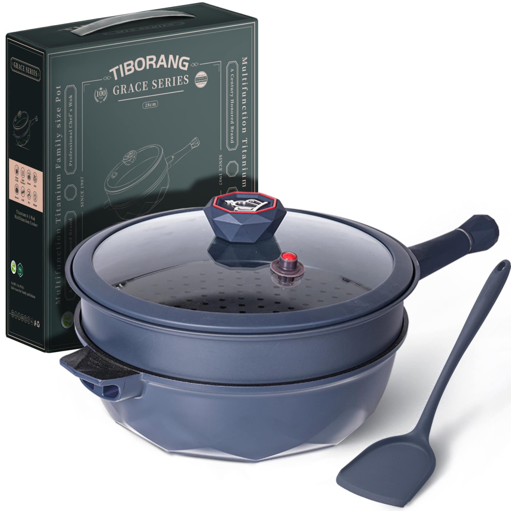 TIBORANG 8-in-1 Nonstick Deep Fry Pan with Glass Lid - 11 Inch 5 Quart Multi-Purpose Cookware, Heat Indicator, Stay-Cool Handle, Steamer Grid, PFOA-Free, Dishwasher & Oven Safe - Works with All Stovetops (Navy Blue) - Perfect for Frying, Steaming, Sautéing, and More in Your Kitchen