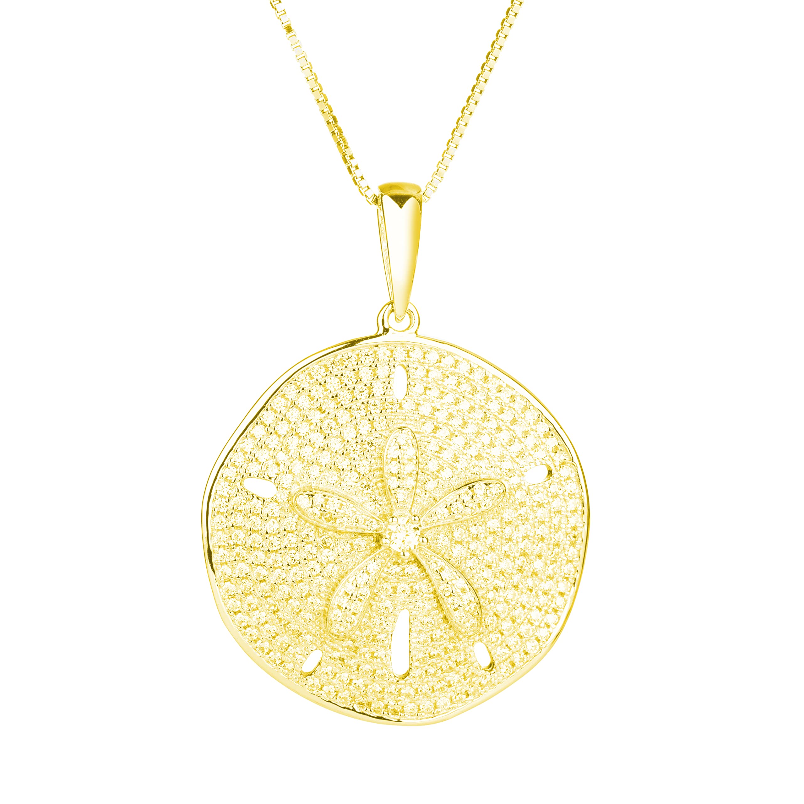 925 Sterling Silver Sand Dollar Cubic Zirconia Pave Sea Life Charm Necklace Pendant with 18