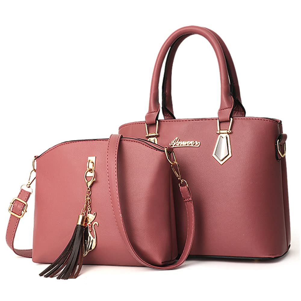 ZiMing 2-Piece Vegan Leather Handbag Set for Women - Pink Tote & Crossbody Purse with Top Handle | Perfect for Work, Travel & Everyday Use