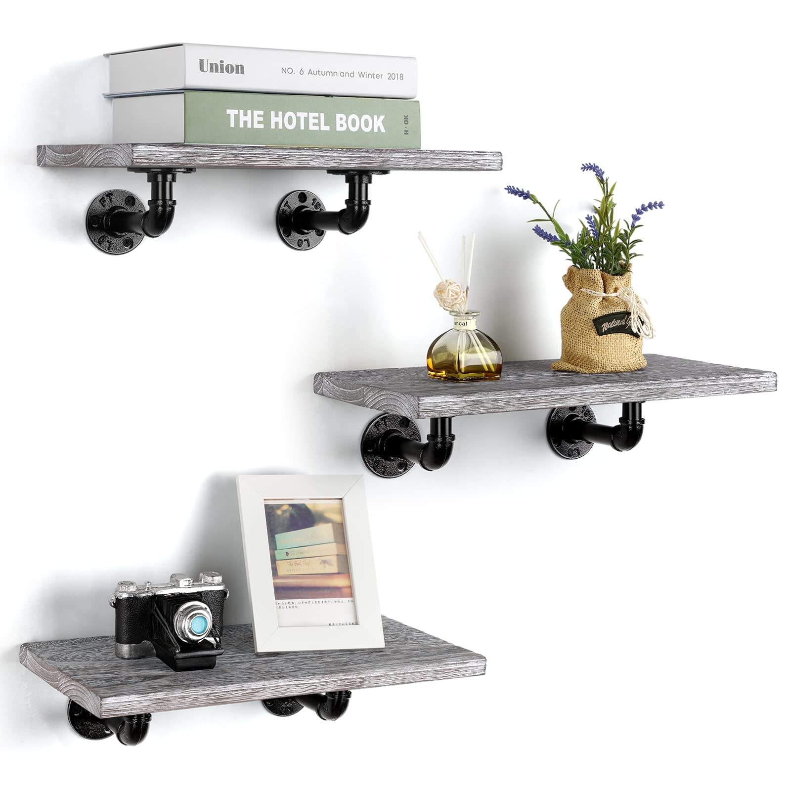 Industrial Pipe Floating Shelves Set of 3 - Rustic Wood Wall Mounted Storage Shelves for Bedroom, Living Room, Bathroom, Kitchen & Office - Grey Black Farmhouse Decor | Perfect for Displaying Books, Plants & Home Decor Items