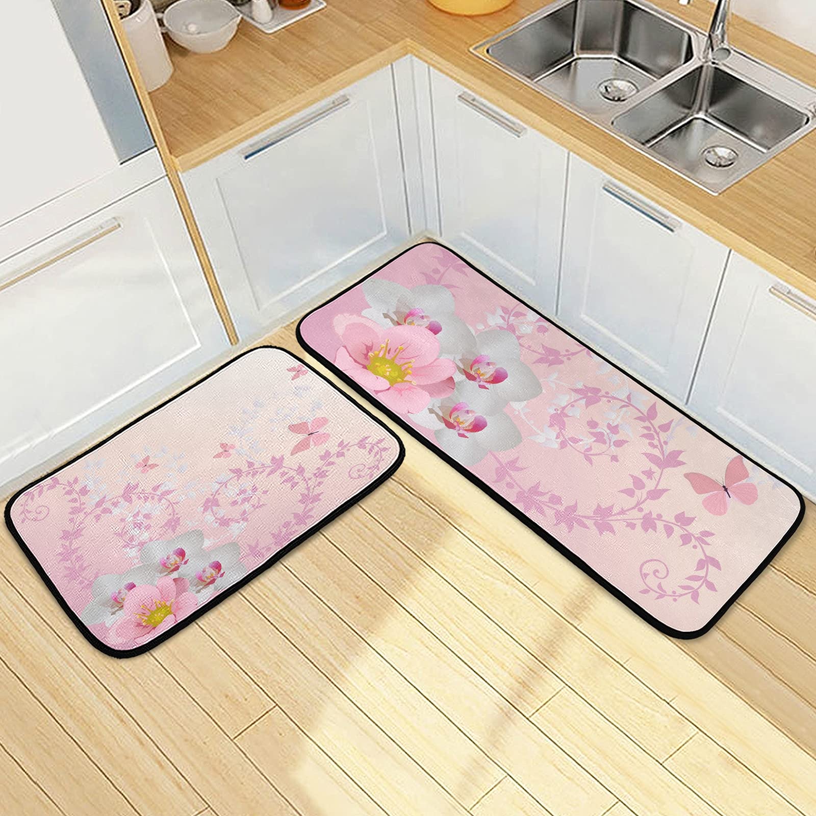 SUABO Non-Slip Kitchen Floor Mats Set of 2 - Pink Orchid Cushioned Standing Rugs for Comfort & Safety - Perfect for Cooking, Dishwashing & Food Prep Areas