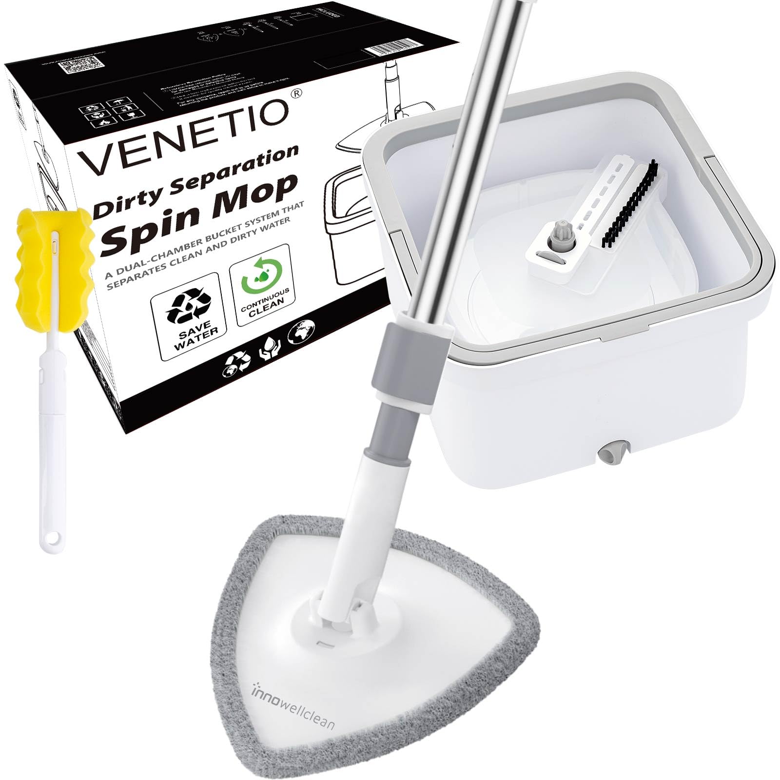 VENETIO Innowellclean Triangle Spin Mop and Bucket Set with Self-Cleaning, Dry & Wet 3-in-1 Dirty Separation System | Microfiber Floor Mop for Hardwood, Laminate & Tile Floors | Perfect for Home, Kitchen & Office Cleaning