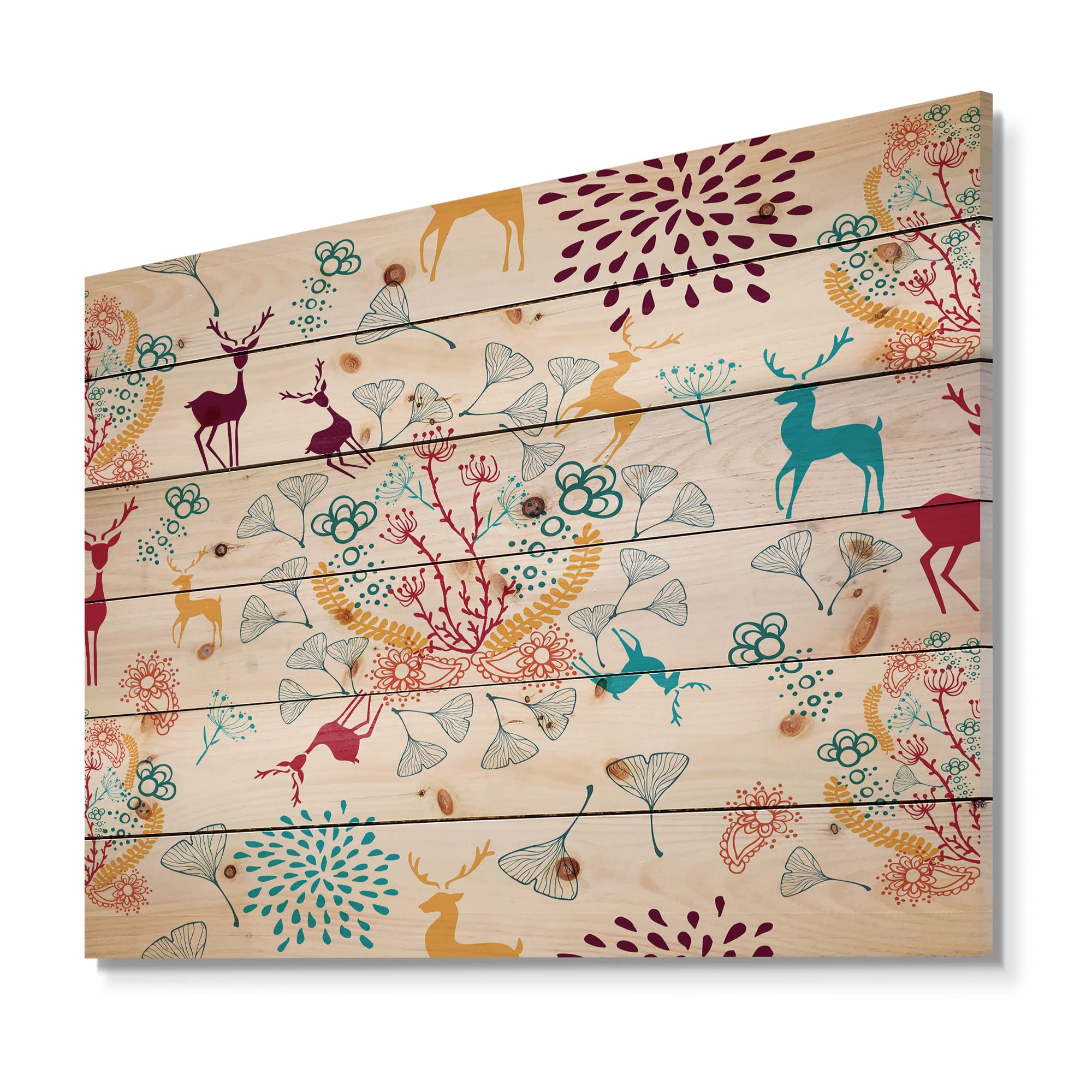 DesignQ Yellow Blue Brown Reindeer Christmas Pattern Traditional Wood Wall Decor - Blue Wood Wall Art - Large Animals Wood Panels Printed on Natural Pine - Holiday Home Decoration for Living Room, Bedroom & Office