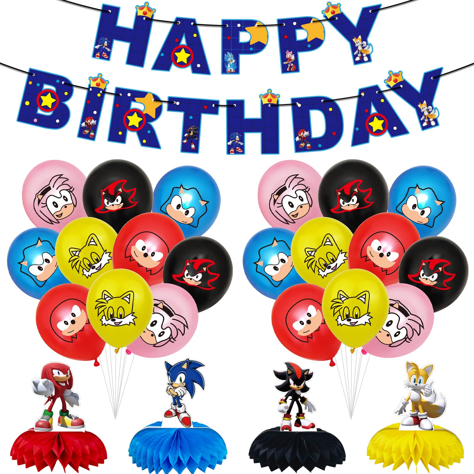 25-Piece Sonic The Hedgehog Birthday Party Decorations Set - Includes Happy Birthday Banner, Honeycomb Balloons & Latex Balloons - Perfect for Kids' Birthday Parties, Themed Events & Sonic Fan Celebrations