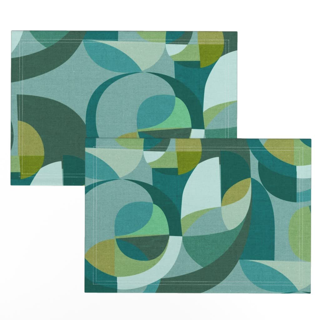 Spoonflower Linen Cotton Canvas Placemats Set of 2 - Blue Geometric Abstract Midcentury Modern Circles Teal Green Print Cloth Table Mats for Dining Room, Kitchen, and Party Decor