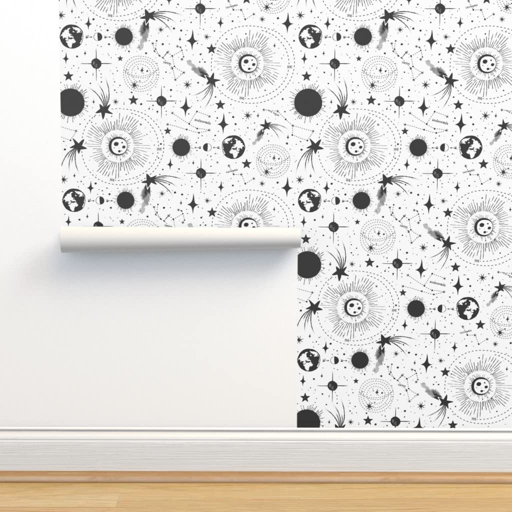 Commercial Grade Solar System Wallpaper - White & Black Astrology Retro Outer Space Constellations Galaxy Sun Planets Design | Traditional Peel & Stick Wallpaper by Spoonflower | Perfect for Kids' Rooms, Home Offices & Space-Themed Decor