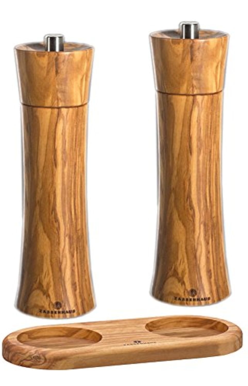 Premium Zassenhaus 7.5-inch Olive Wood Pepper and Salt Mill Set with Stand - Natural Wood Grinder for Kitchen, Dining Table & Gourmet Cooking