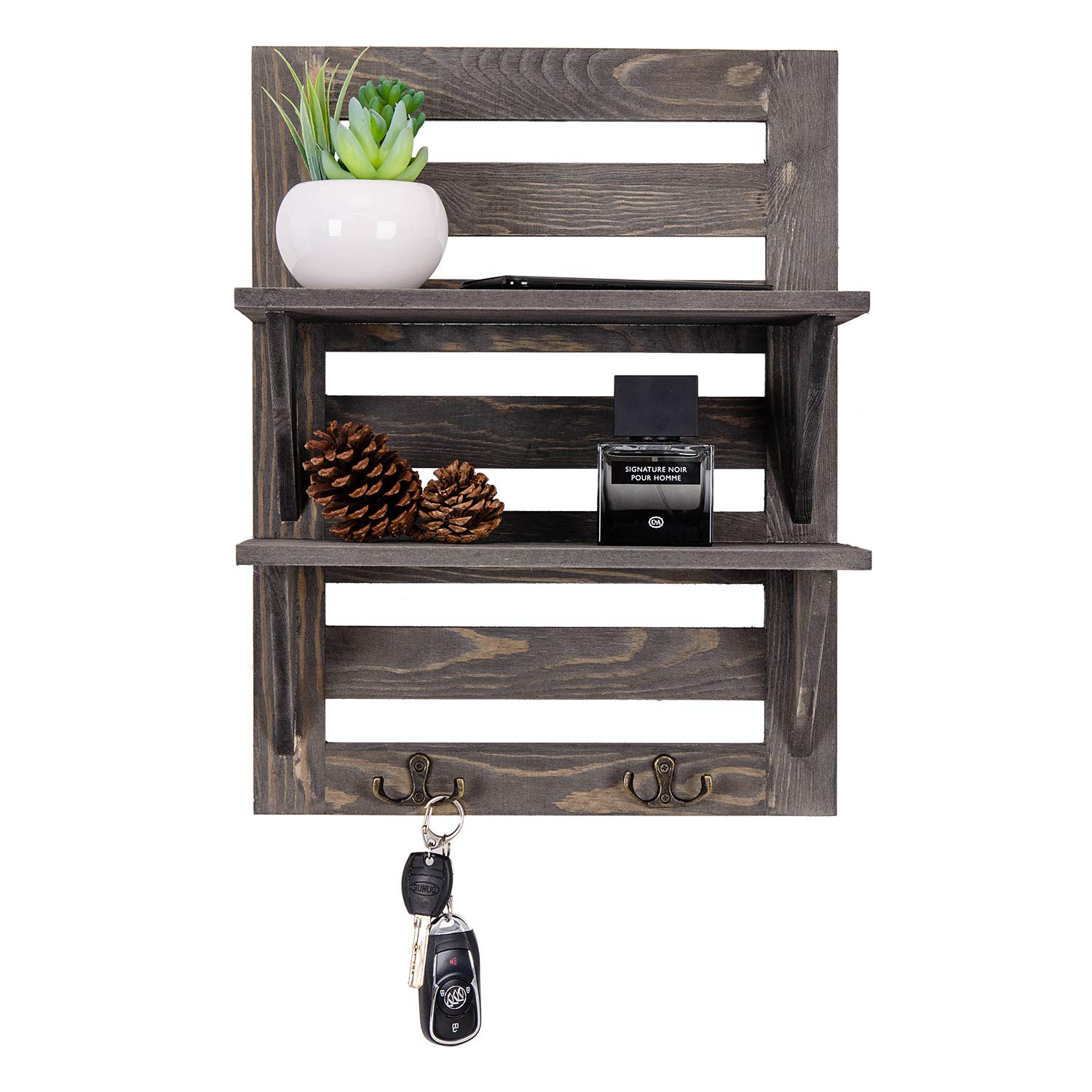 Rustic Wooden Wall Mounted Organizer Shelf with 2 Hooks - 2-Tier Storage Rack for Kitchen, Bathroom & Living Room - Farmhouse Decor Shelf for Spices, Towels & Books - Grey Wall Shelf for Home Organization