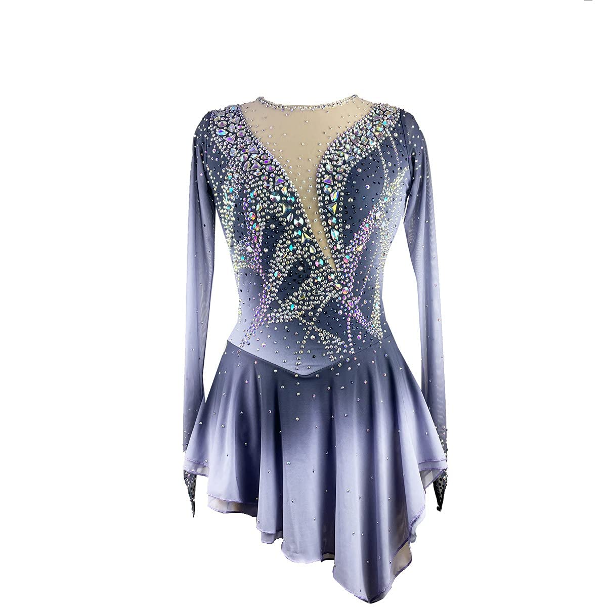Girls Long Sleeve Gymnastics Leotard Dress - Figure Skating Costume with Skirt for Ice Skating & Dance Performance (Grey) - Perfect for Competitions, Recitals & Training