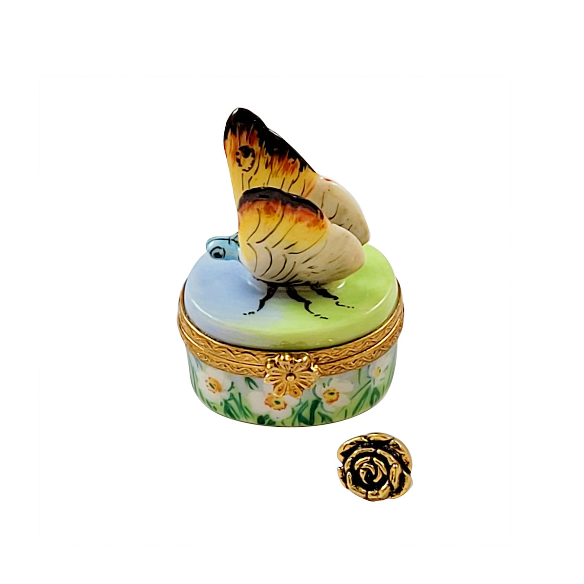 Elegant Butterfly with Brass Flower Limoges Trinket Box - Perfect for Jewelry Storage & Home Décor Gift