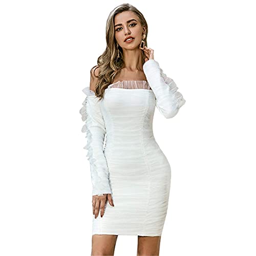 Viinice Women's Sexy Deep V-Neck Long Sleeve Bandage Bodycon Mini Dress with Ruffles & Lace Detail - White Size S | Perfect for Evening Party, Prom Night, Cocktail Event & Date Night Outfits