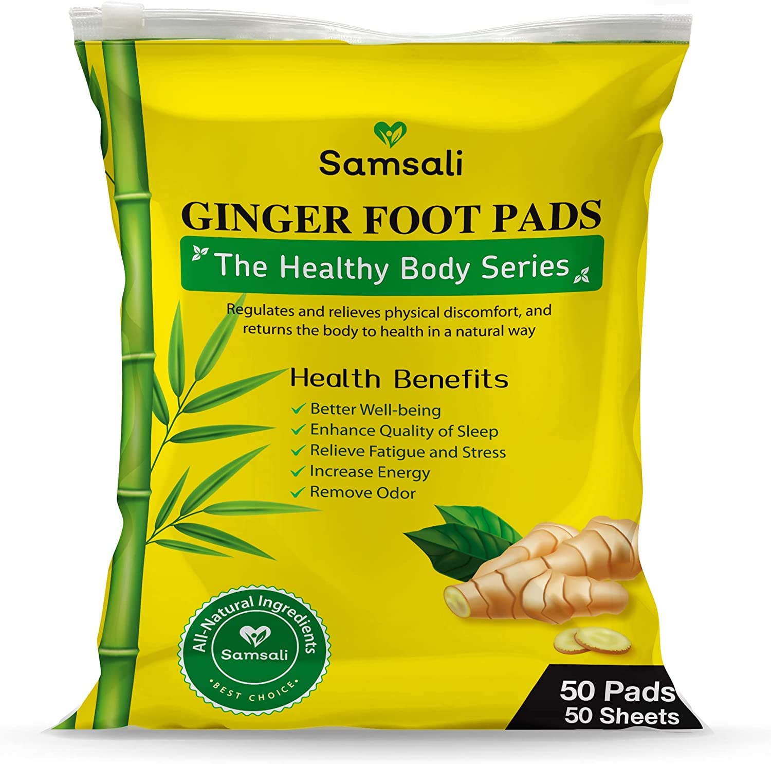 50 Pack Samsali Ginger Bamboo Detox Foot Pads - Deep Cleansing Foot Care for Better Sleep & Relaxation - Natural Ginger Foot Patches for Women & Men - Perfect for Nighttime Use, Travel & Post-Workout Recovery