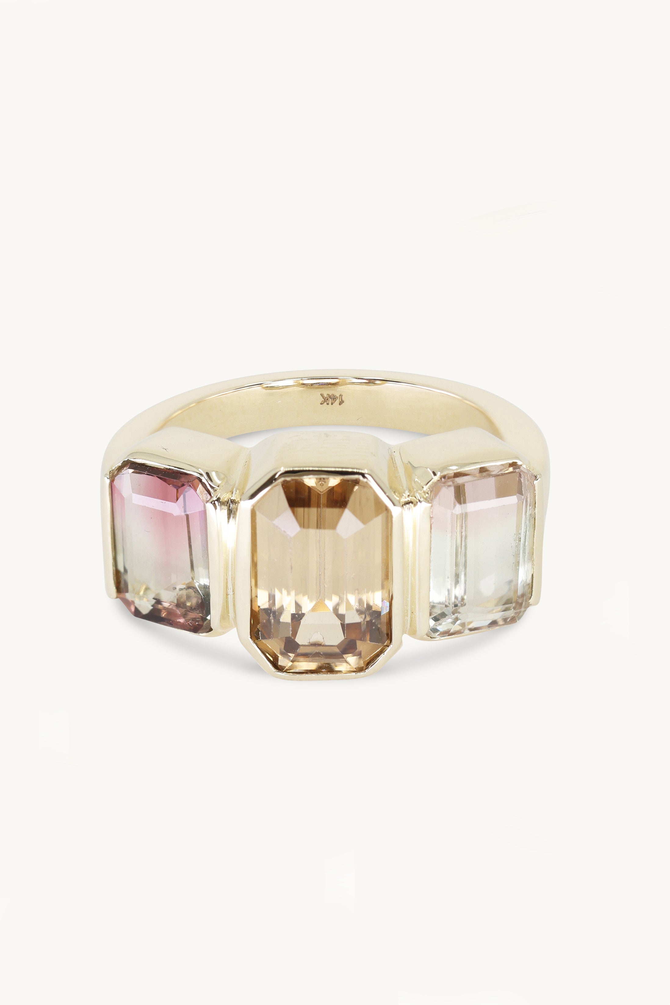 14K Yellow Gold Watermelon Tourmaline Trilogy Ring - Elegant Stackable Band for Women, Perfect for Weddings, Anniversaries & Everyday Wear