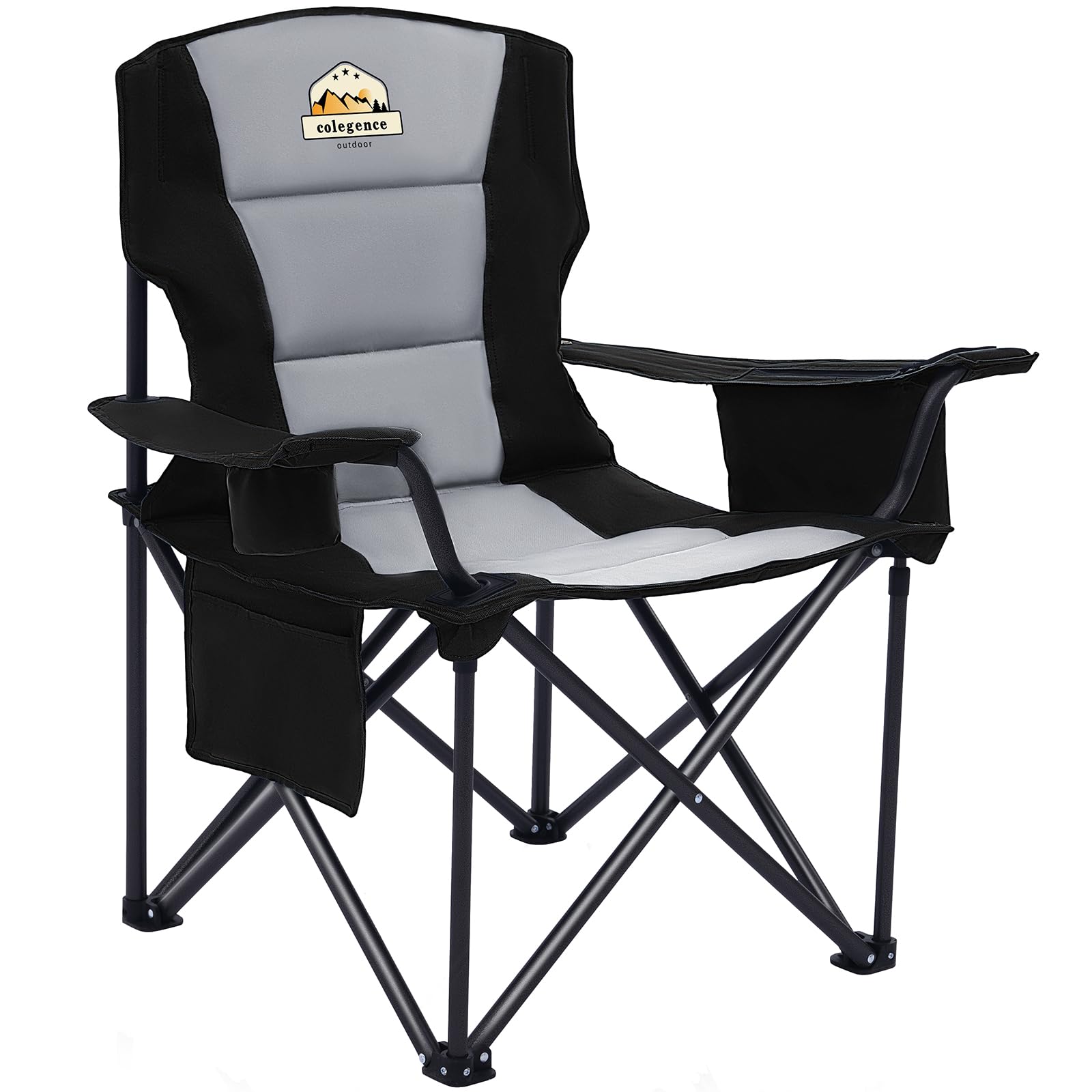 Heavy Duty Oversized Camping Folding Chair - 450 LBS Capacity, Padded Outdoor Collapsible Chair with Cooler Bag, Mesh Cup Holder & Storage Pocket - Perfect for Lawn, Beach, Sports Events & Backyard Relaxation (Black)