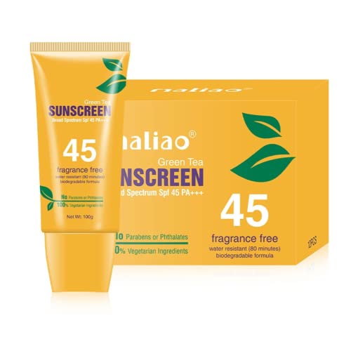 Maliao Green Tea Sunscreen SPF 45 PA+++ - Broad Spectrum, Water Resistant, Paraben & Phthalates Free (100g) - Daily Face & Body Protection for Outdoor Activities, Beach & Swimming