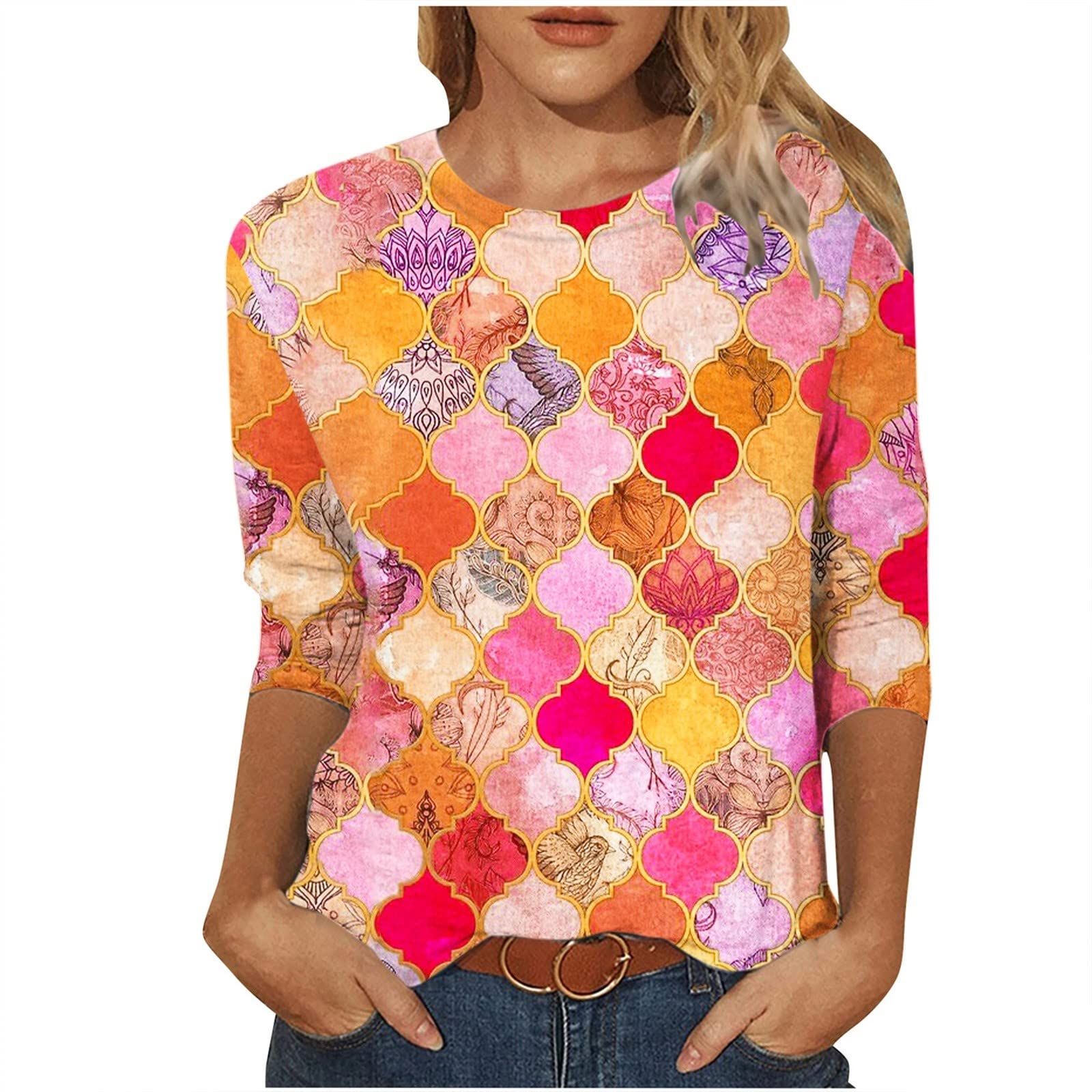 Women's 3/4 Sleeve T-Shirts - Plus Size Geometric Print Casual Blouses, Loose Pullover Summer Tops for Everyday Wear & Outings