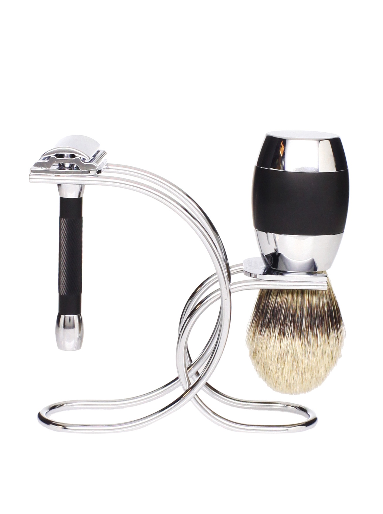 Merkur 3-Piece Safety Razor Set with Stand - Merkur 30 011 Double Edge Razor, Shaving Brush & Chrome/Aluminum Stand for Men - Perfect for Wet Shaving & Travel Grooming Kit