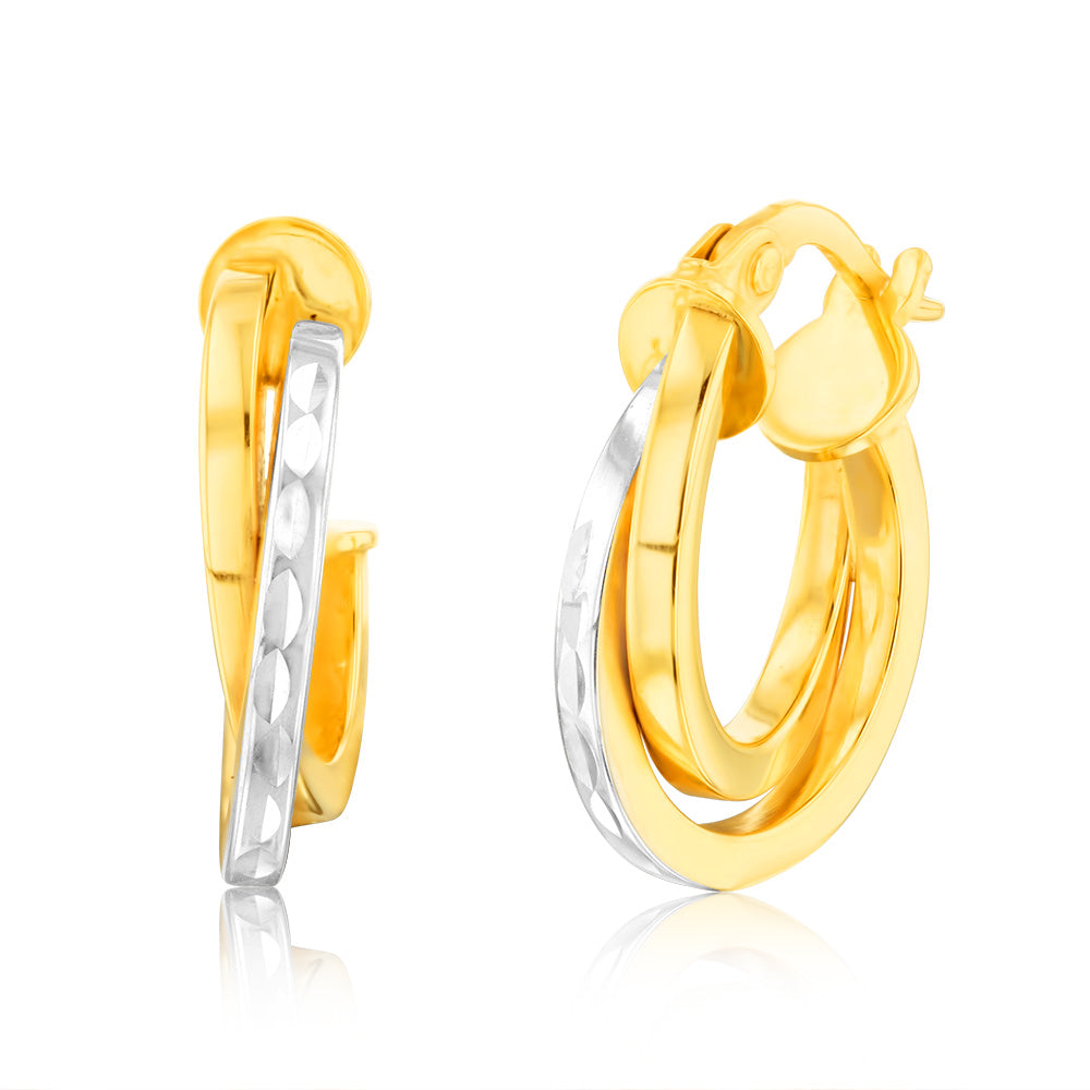 9ct Yellow and White Two Tone Gold Elongated Hoop Earrings for Women - Elegant Dangle Earrings for Party, Wedding & Everyday Wear