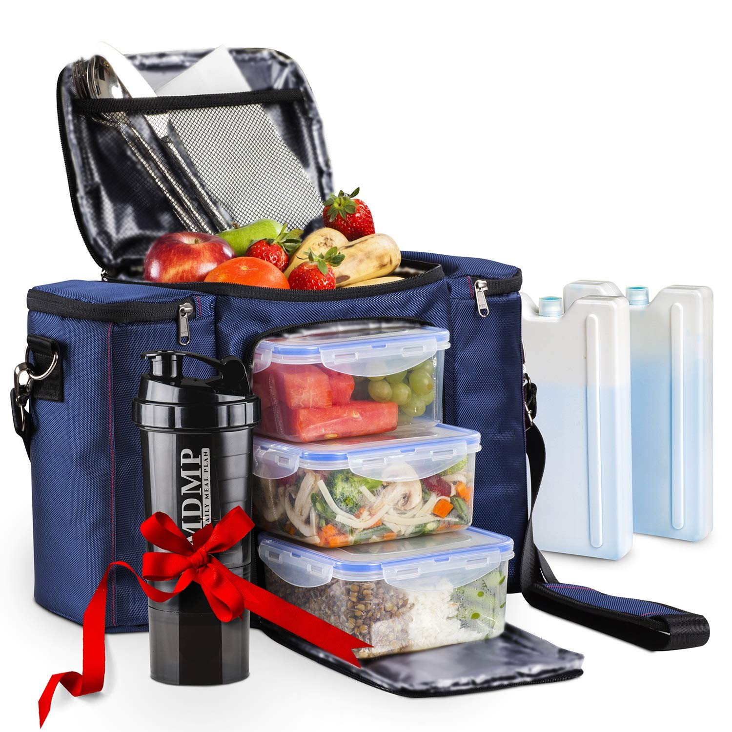 Premium 45 Oz Insulated Lunch Box for Men & Women - Navy Blue My Daily Meal Plan Set with 3 Large Food Containers, 2 Reusable Ice Packs, Shoulder Strap & Shaker Bottle - Perfect for Work, School, Gym & Outdoor Activities