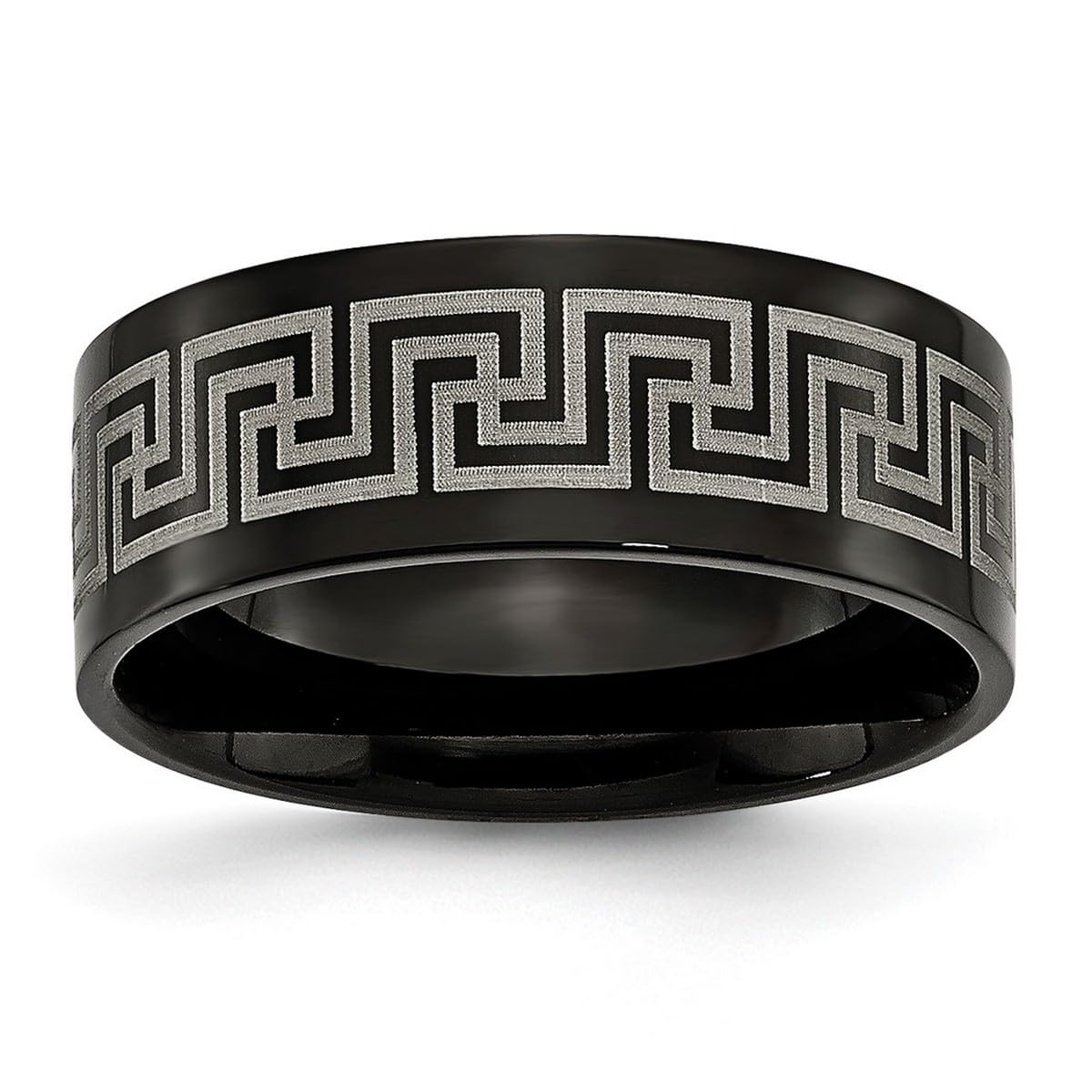 Black Titanium Greek Key Laser Etched Brushed & Polished Band Ring for Men & Women - Durable Hypoallergenic Wedding Band, Anniversary Gift - Available in Multiple Sizes (Size 4-12) - Perfect for Formal Events, Date Nights & Everyday Wear