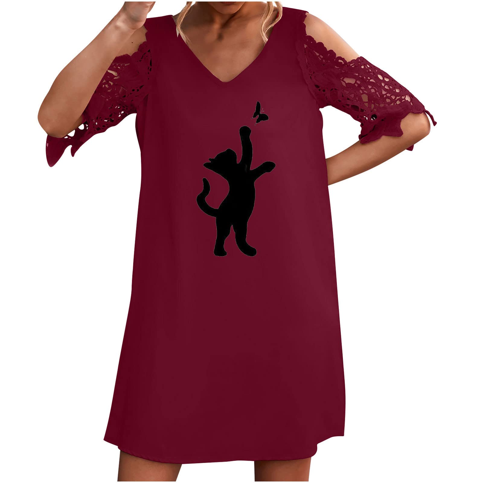 Sexy Summer Women's Dresses - Floral Printed V-Neck Lace Cold Shoulder Short Sleeve Pullover Mini Dress for Beach Vacation, Party & Date Night