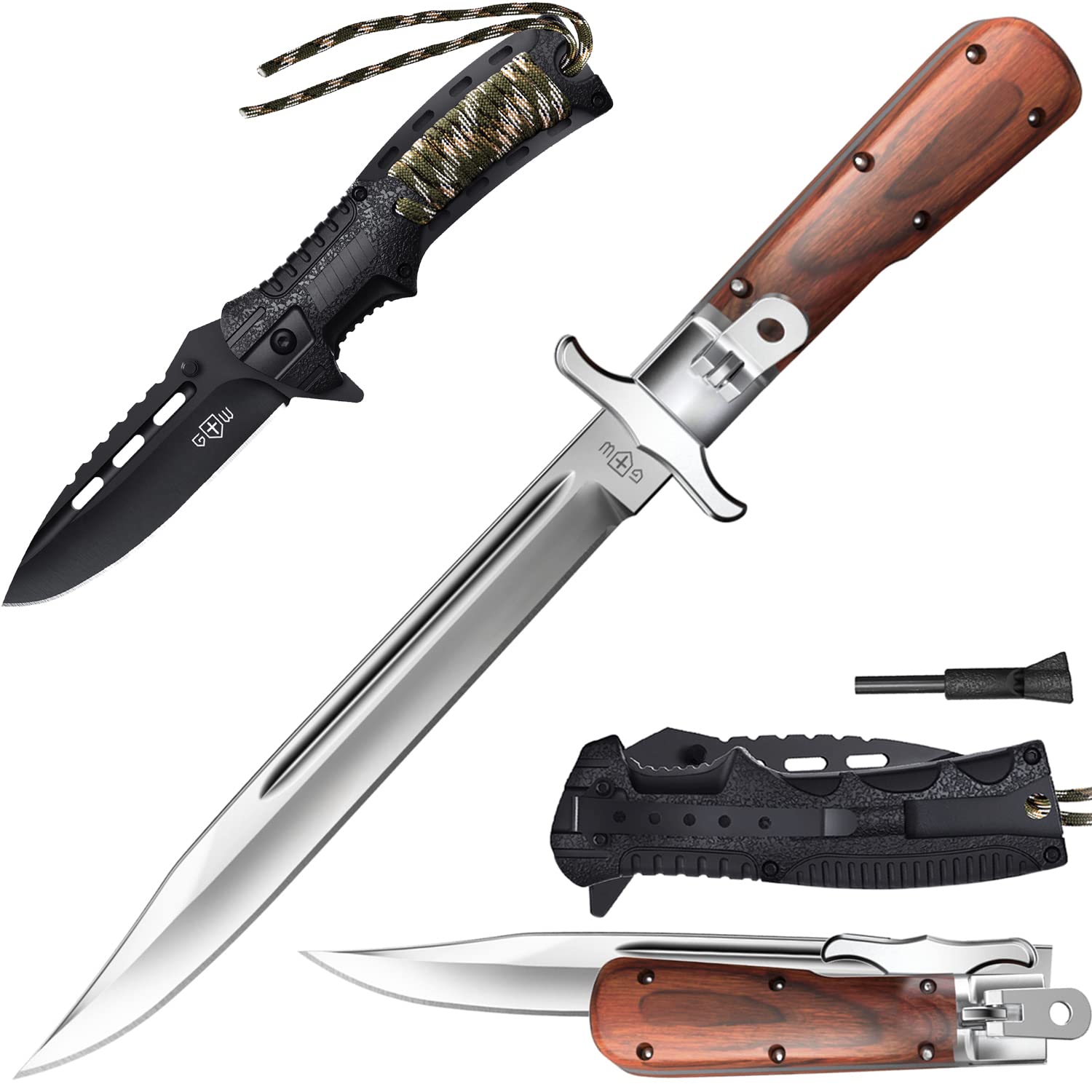 2-Pack Tactical Folding Knives with Wood Handle - Sharp Large Blade Pocket Knives for Hunting & Camping - Collector's Edition Multi-Purpose Knives for Outdoor Adventures, Survival Gear, and Everyday Carry (EDC)