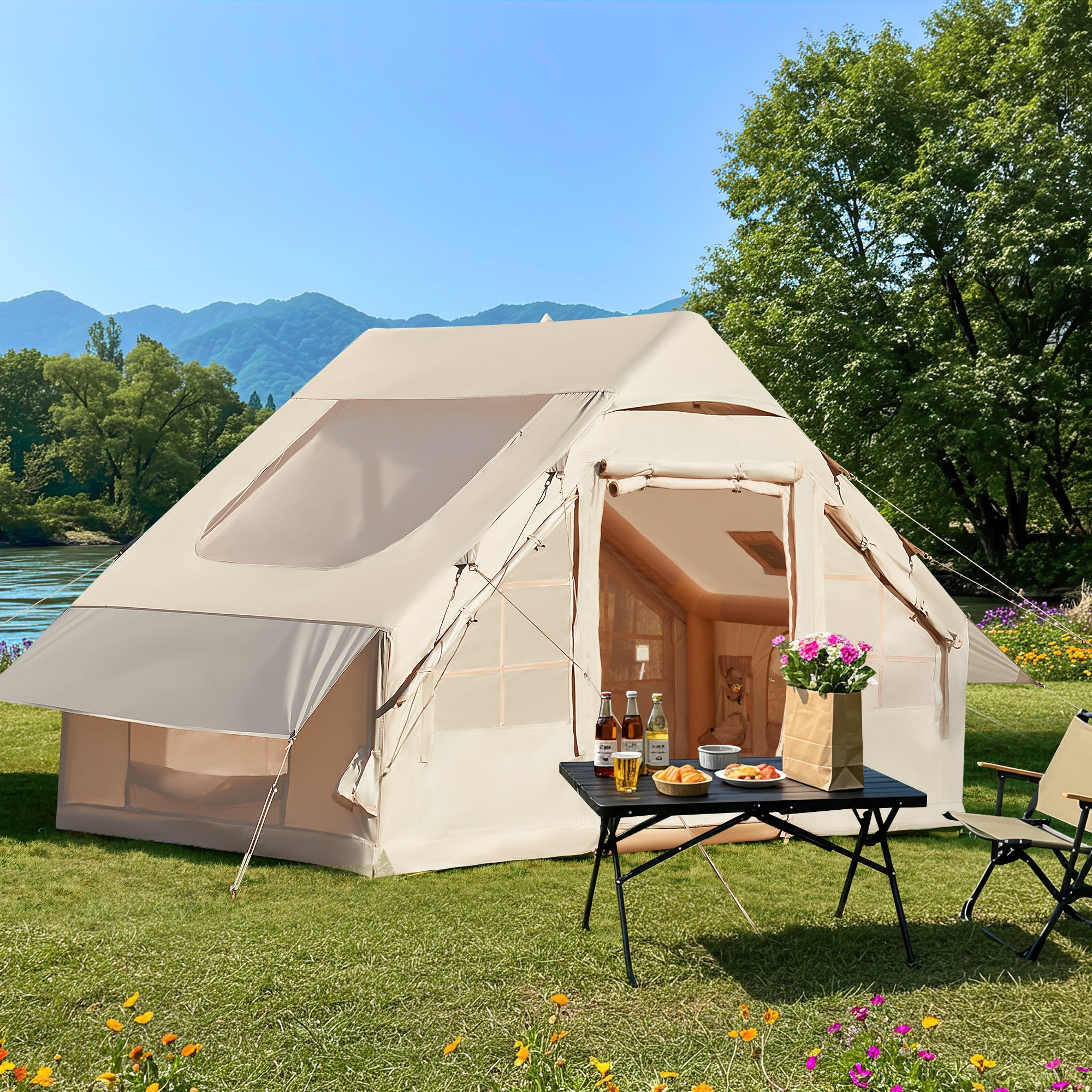 EROMMY 13FT Inflatable Camping Tent with Stove Jack - Waterproof Family Air Tent for 8-12 People, Easy Setup with Extended Canopy & Ventilation - Perfect for Family Camping, Glamping & Outdoor Adventures