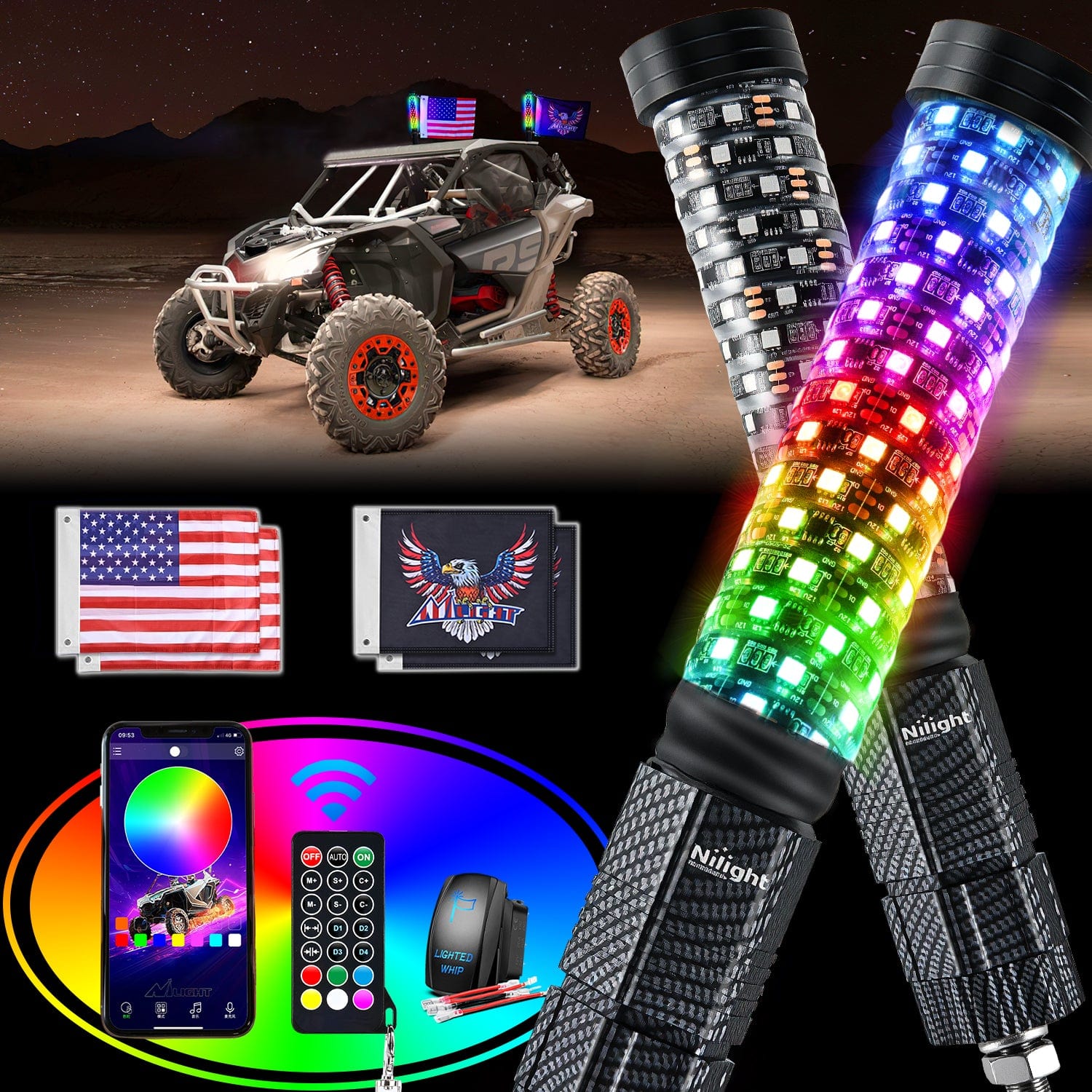 2Pcs 1FT Spiral Antenna Bluetooth Remote App Controlled LED Fat Whip Light - Perfect for Car, Motorcycle, Bike & Truck Night Riding, Parties & Outdoor Decor