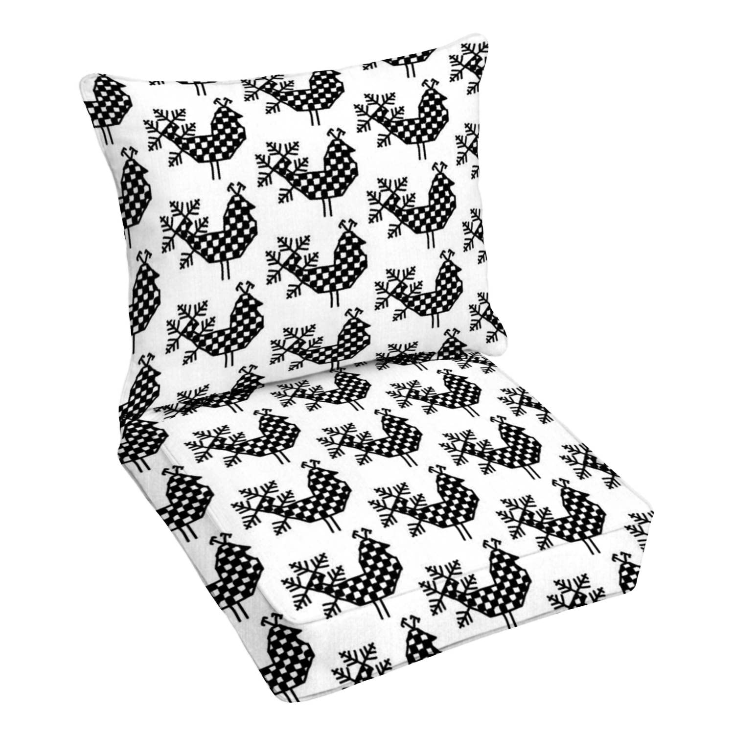Premium Outdoor Deep Seating Cushion Set - Peacock Bird Russian Folk Embroidery Design - Black Conversation Patio Furniture Replacement Cushions for Lounge Chairs - Perfect for Garden, Poolside & Outdoor Relaxation