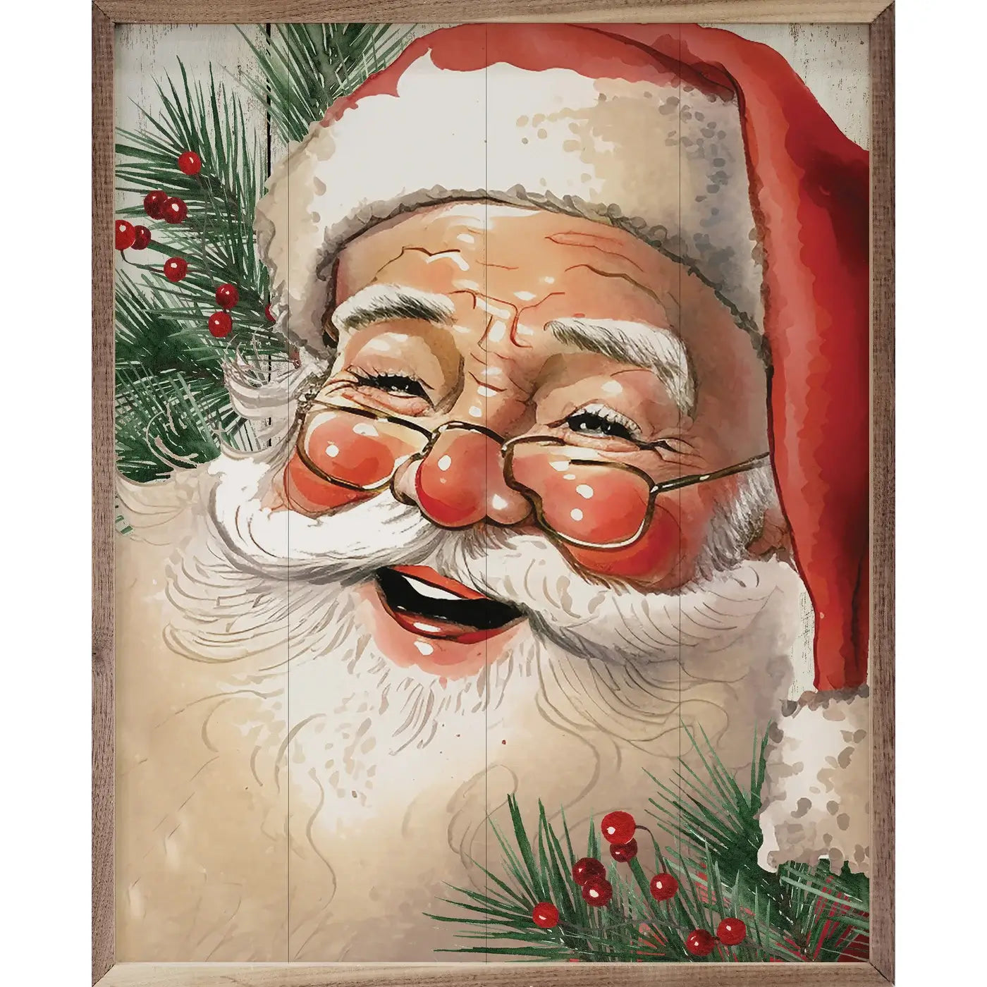 Jolly Red Hat Santa With Glasses Wood Framed Print - Christmas Wall Art Decor for Home, Office & Holiday Party Decoration