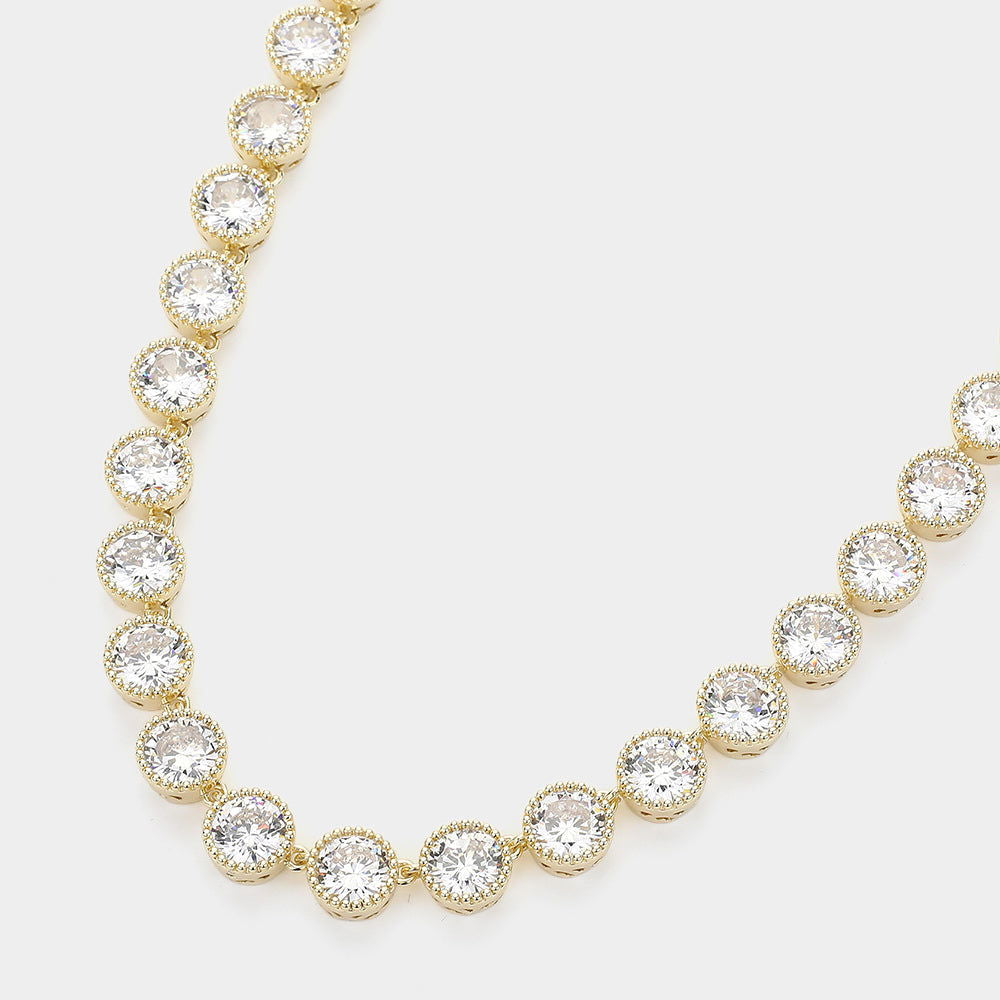 14K Gold Plated Cubic Zirconia Bezel Link Evening Necklace for Women - Elegant Party Jewelry for Dinner Date, Wedding & Special Occasions