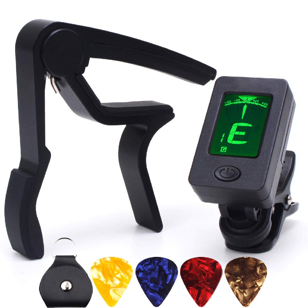 Premium Guitar Capo with Clip-On Chromatic Tuner - Black | for Acoustic, Electric Guitar, Bass, Ukulele & Violin | Perfect for Live Performances, Studio Recording & Practice Sessions