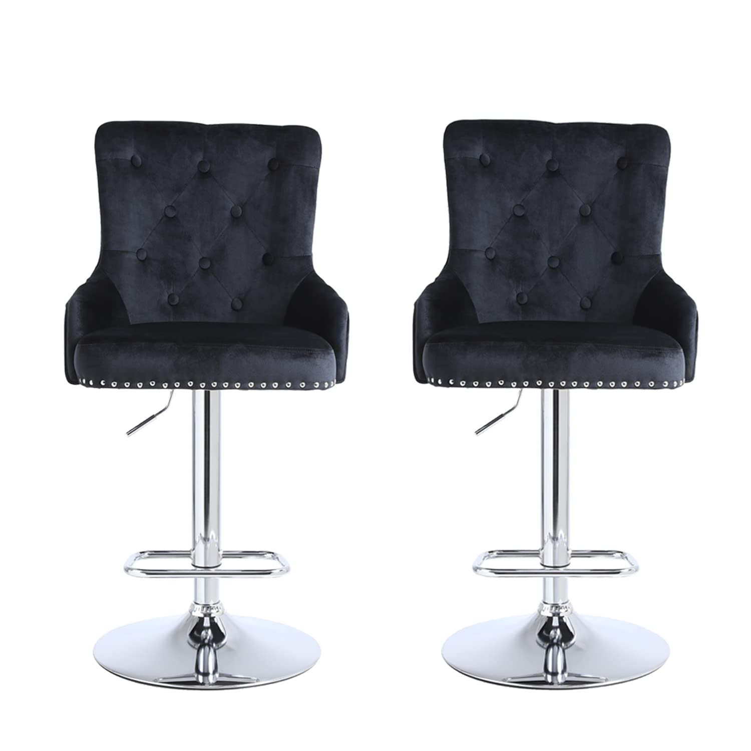 Swivel Bar Stools Set of 2 - Adjustable Height Counter Stools with Velvet Upholstery & Polished Chrome Metal Base for Kitchen Island, Bar Counter - Modern Black Bar Chairs for Home, Restaurant & Cafe Use