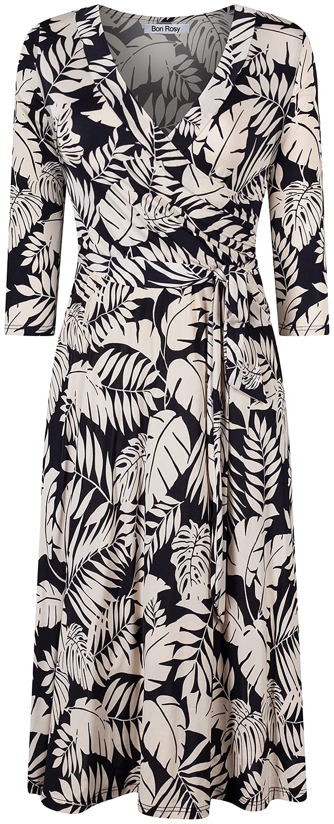 Women's 3/4 Sleeve Faux Wrap Midi Dress - Knee Length Summer Wedding Guest Dress for Party, Bridal Shower, Baby Shower & Maternity Nursing - Black & White - Made in USA | Perfect for Garden Parties, Cocktail Events & Formal Occasions