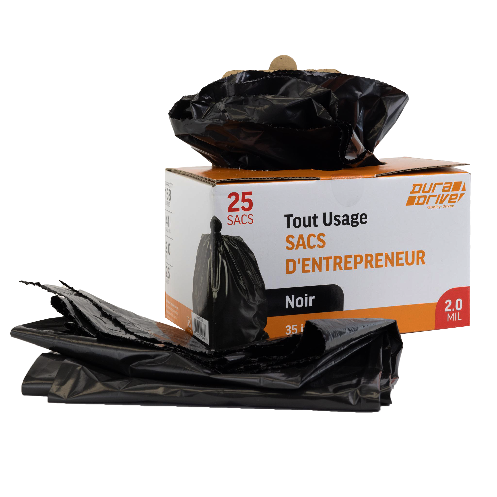 DuraDrive 158L 2.0 Mil Heavy Duty Black Trash Bags - 25 Pack - Extra Strong Kitchen & Outdoor Garbage Bags for Home, Office & Commercial Use