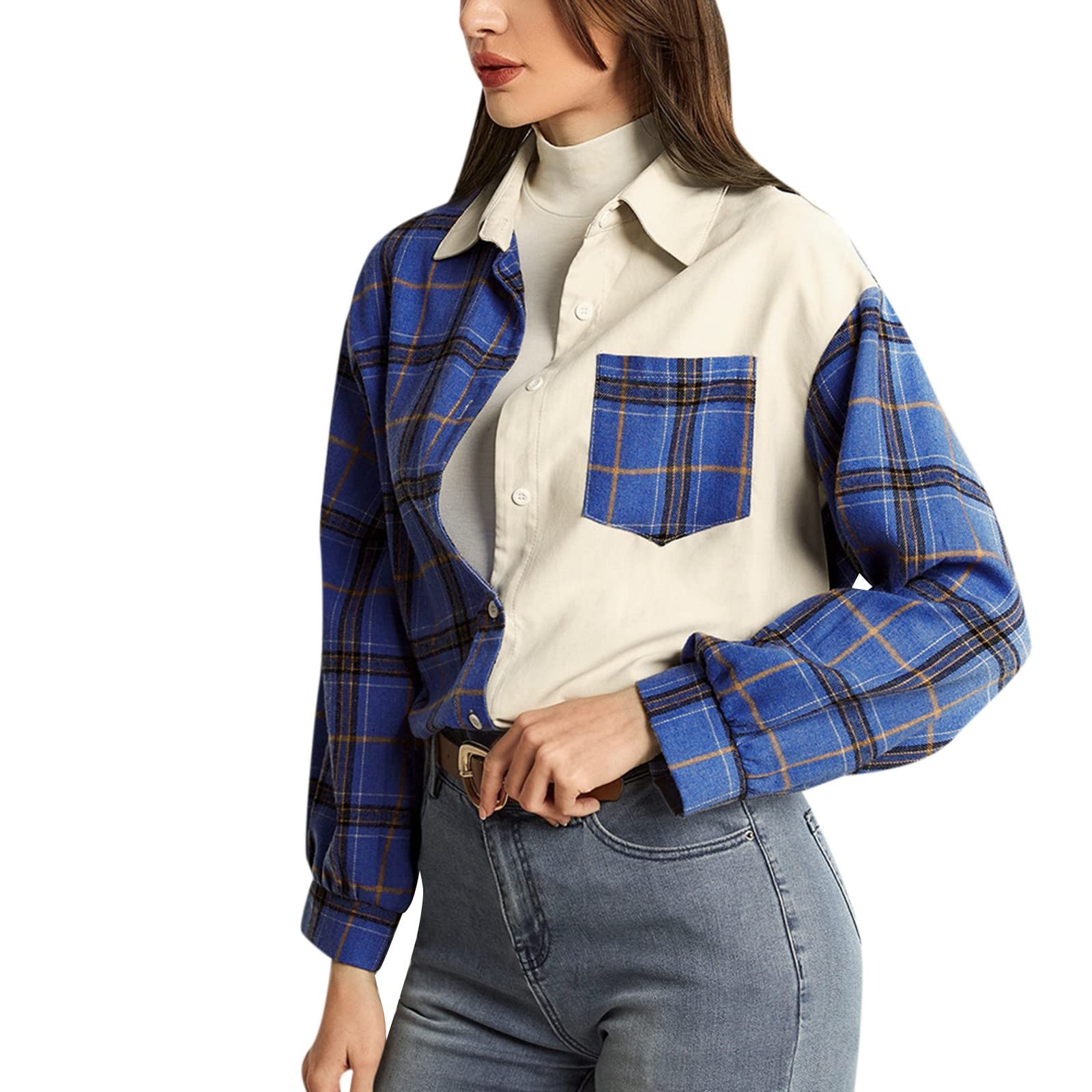 Stylish Women's Long Sleeve Plaid Shirt with Contrast Lapel - Casual Office Wear & Fall Fashion Essential