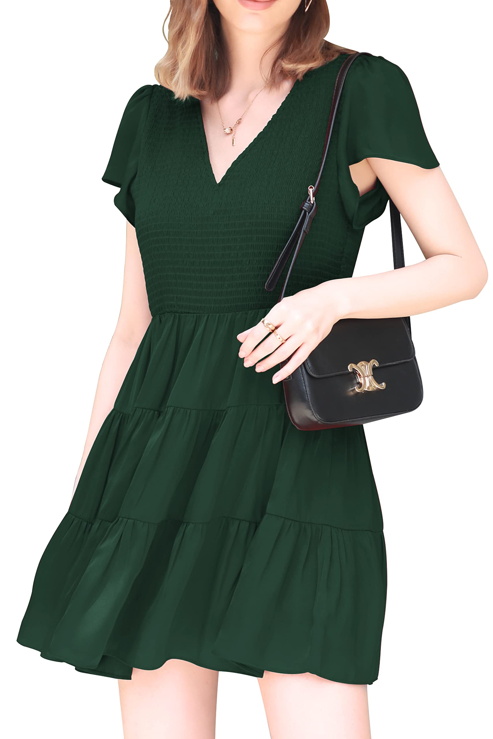 Women's Smocked Mini Dress - Casual V-Neck Tiered Tunic with Flutter Cap Sleeves | Summer Babydoll Dress for Teens | Perfect for Beach Outings, Date Nights & Casual Wear