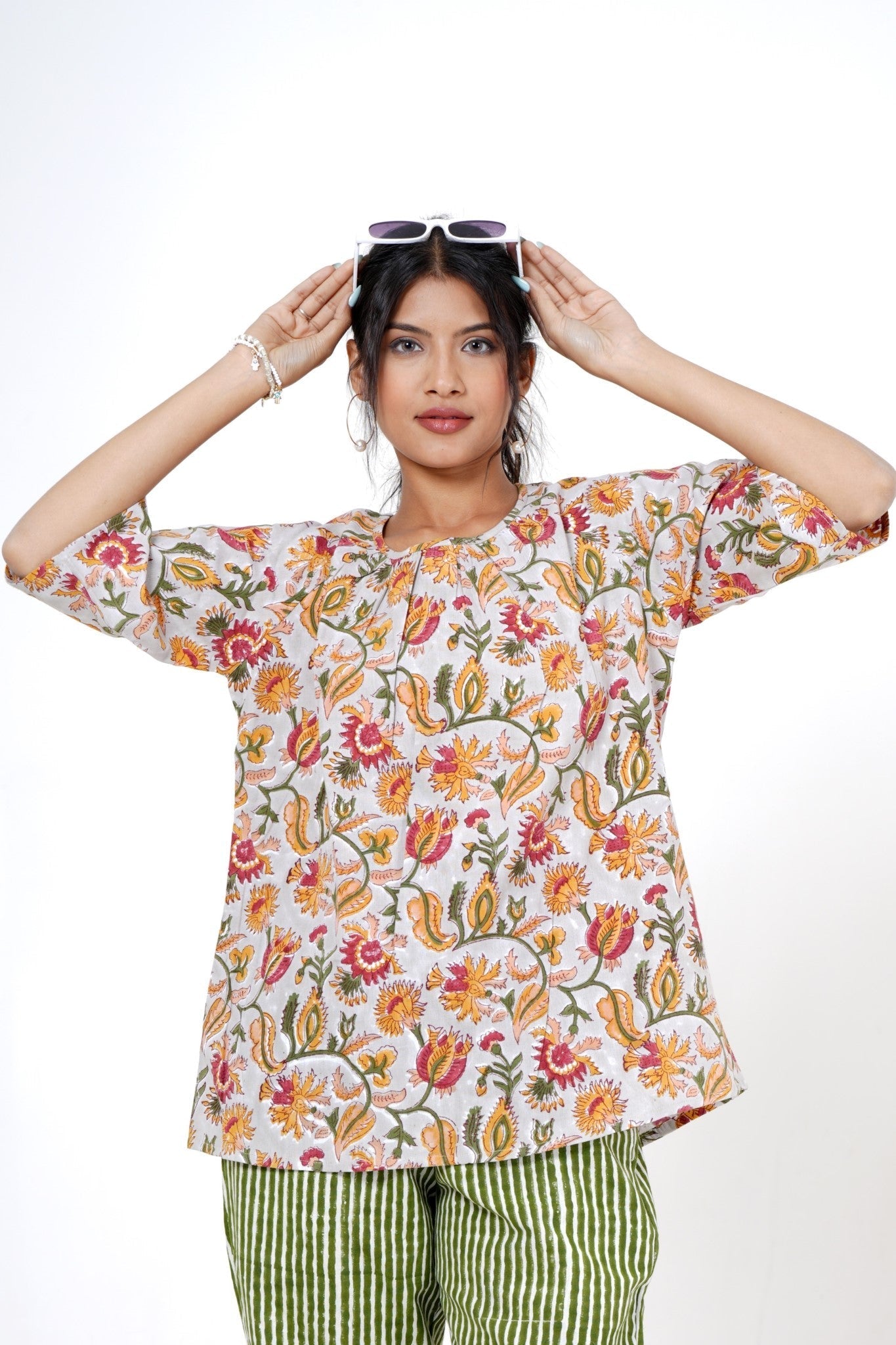 Twilight Tulips Hand Block Printed Cotton Top for Women | Boho Chic Blouse | Perfect for Summer Festivals & Beach Vacations