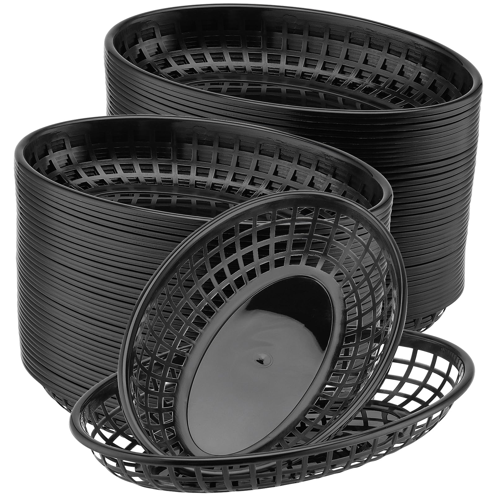 50 Pack Black Plastic Fast Food Baskets 9x5.7x1.5 Inch for Serving Fried Chicken & Fries