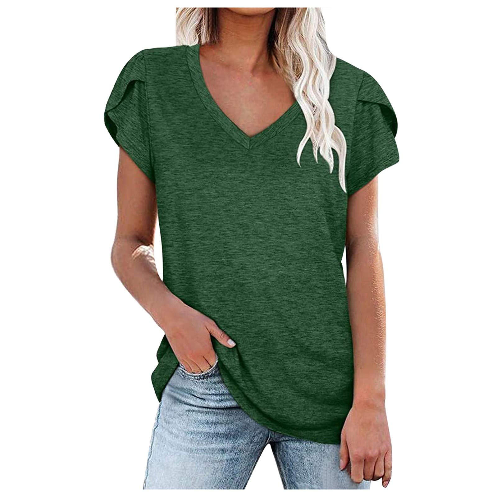 Plus Size Women's Summer Casual Tops - Short Sleeve V-Neck Loose Tee with Petal Sleeves for Work, Date Night & Everyday Wear