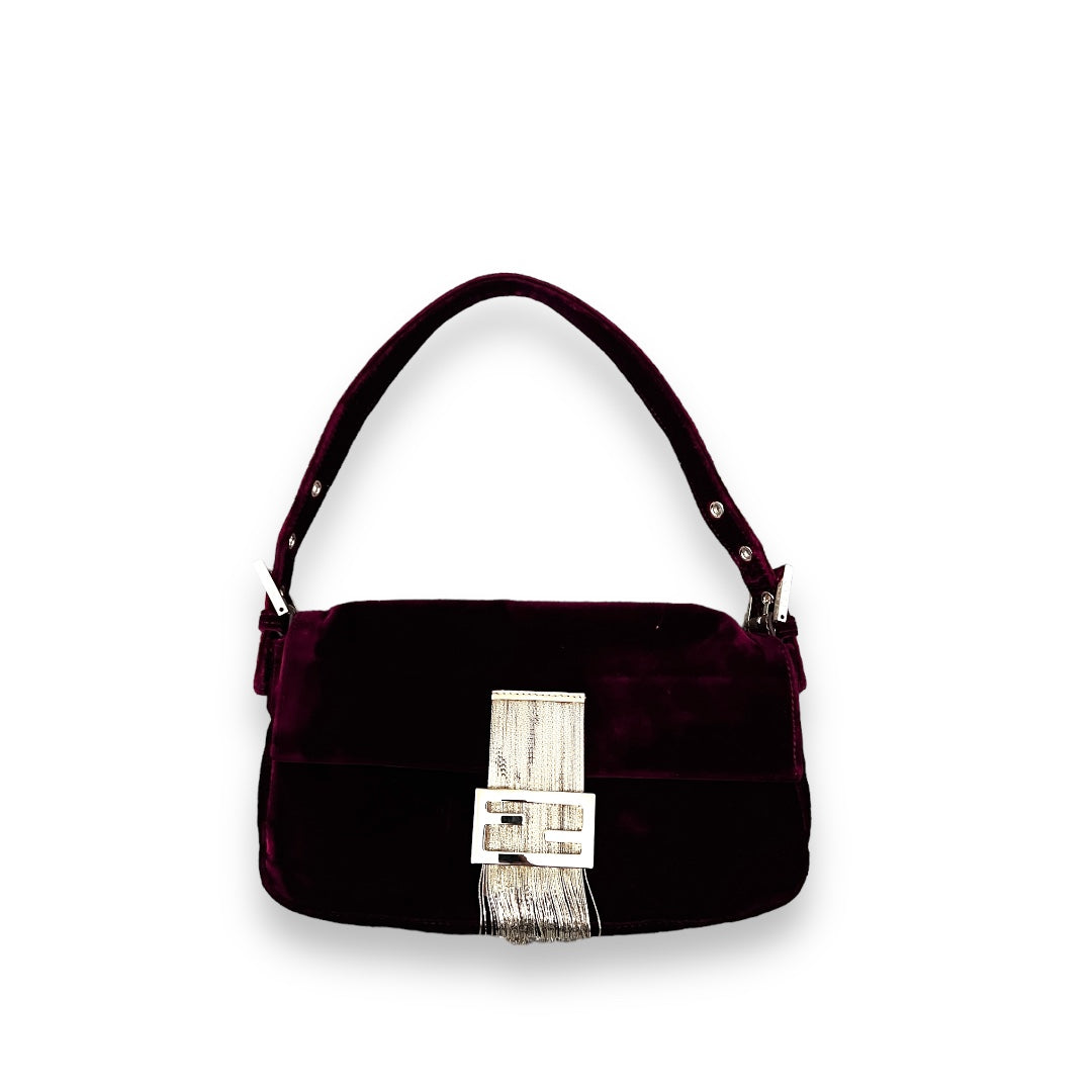 Vintage Fendi Red Velvet Fringe Baguette Bag - Luxury Designer Crossbody Purse for Women, Perfect for Parties, Weddings & Evening Events