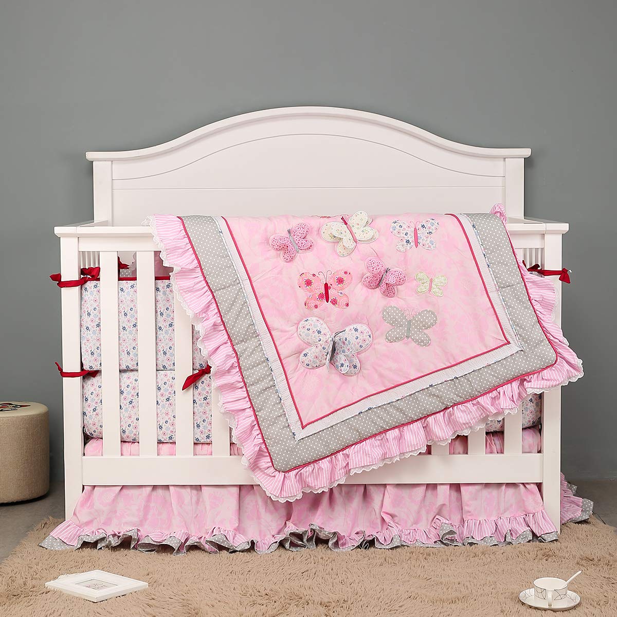 Pink 3D Butterfly Embroidery Baby Crib Bedding Set - 7 Piece Nursery Set for Girls, Soft & Breathable Cotton, Perfect for Newborns & Toddlers - Ideal for Nursery Decor, Baby Showers & Gift Giving