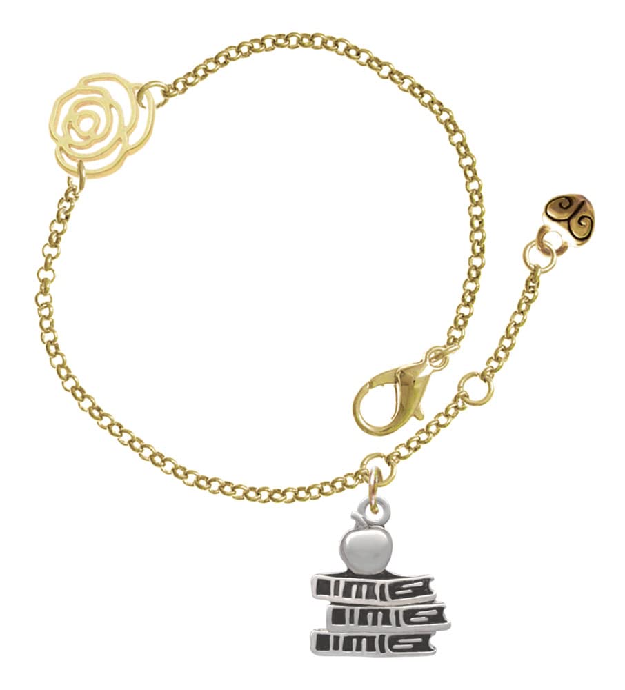 Stylish Silver-Tone School Book & Apple Charm Bracelet with Gold-Tone Rose Link - Adjustable 6.25