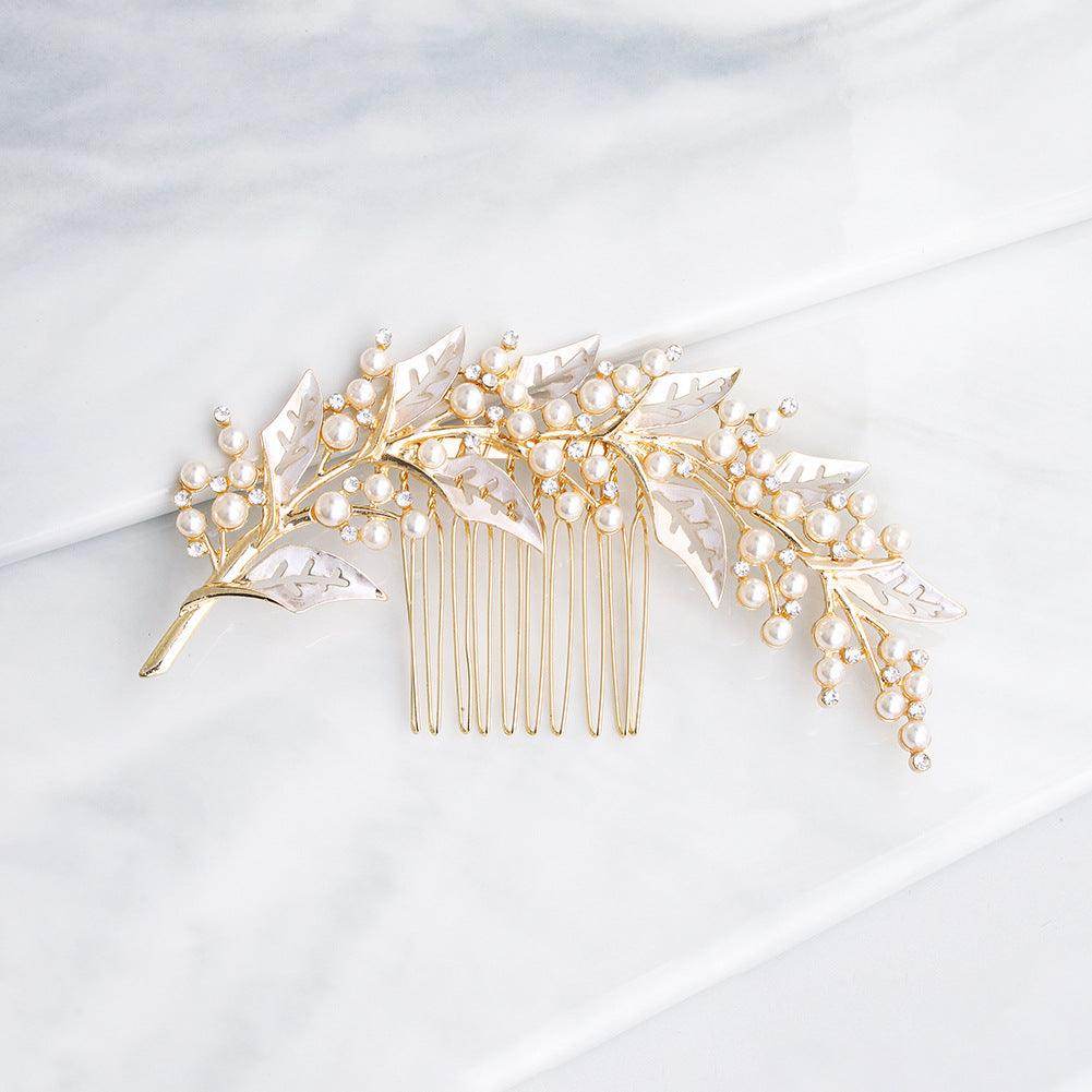 Elegant INS Style Bridal Headpiece - Alloy Hollow Leaf Hair Comb with Pearl & Rhinestone Disc for Wedding, Prom, or Special Occasions