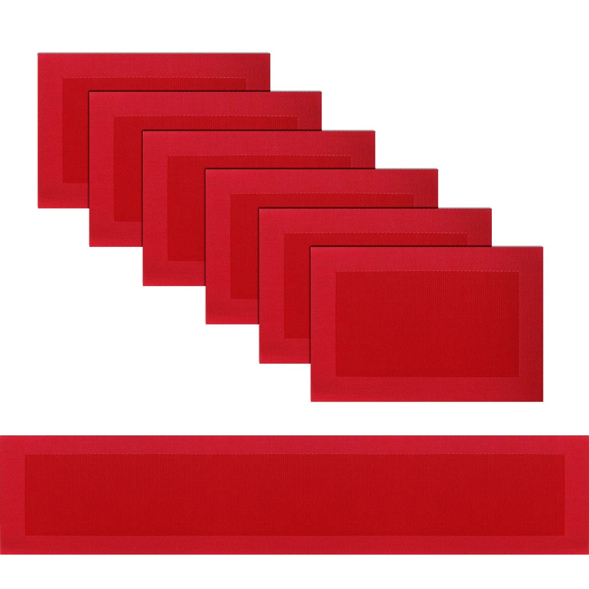PIGCHCY Elegant Washable Vinyl Placemats Set of 6 with Table Runner - Non-Slip Dining Table Mats for Everyday Use, Parties & Holiday Decor (6 Placemats + 1 Runner, Red)
