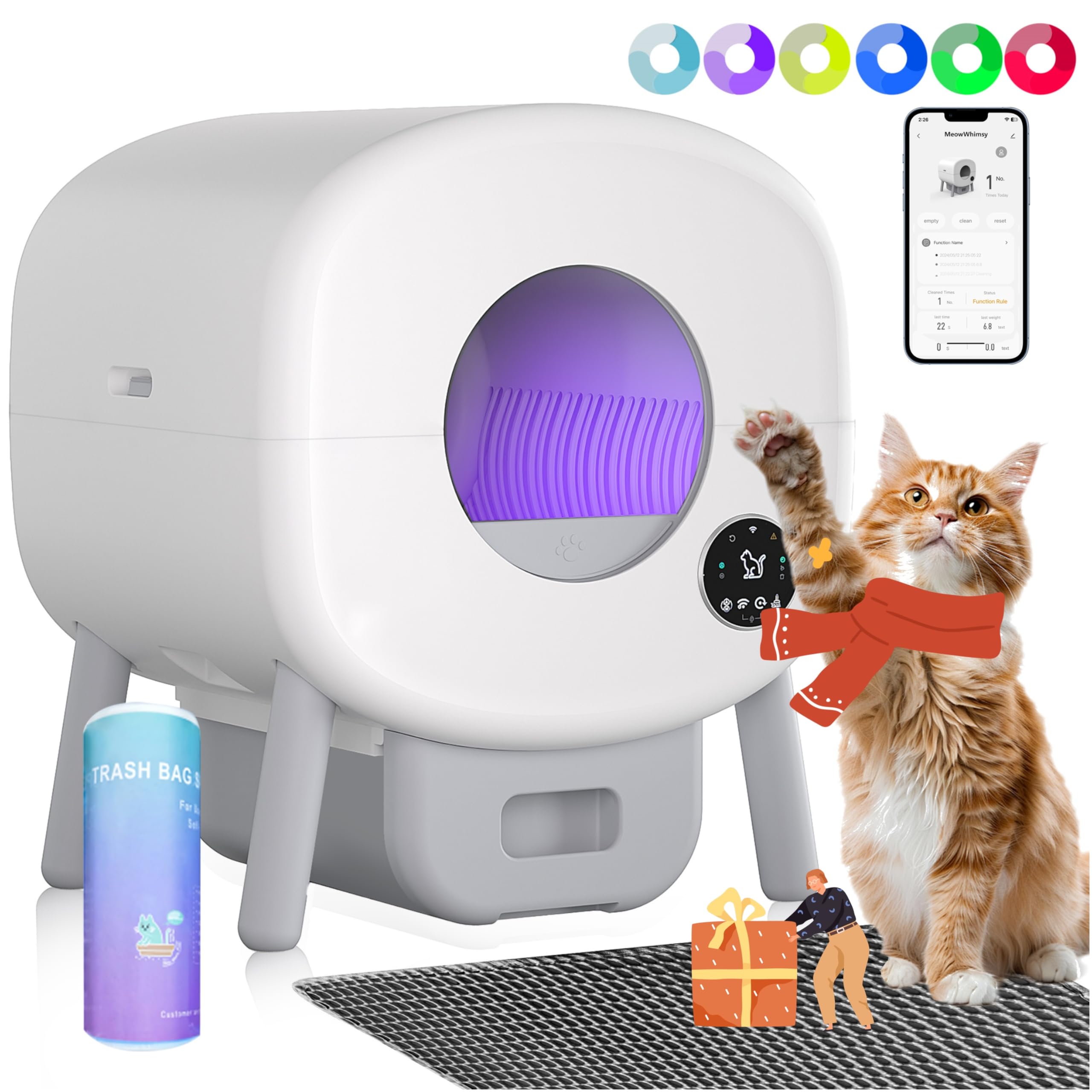 Self-Cleaning Cat Litter Box with Double Safety Protection - 100L Automatic Litter Box Robot for Multiple Cats - Large Electric Kitty Litter Box with APP Control, Odor-Free Design - Includes Liner, Litter Mat & Deodorizing Box - Perfect for Busy Pet Owners & Multi-Cat Households